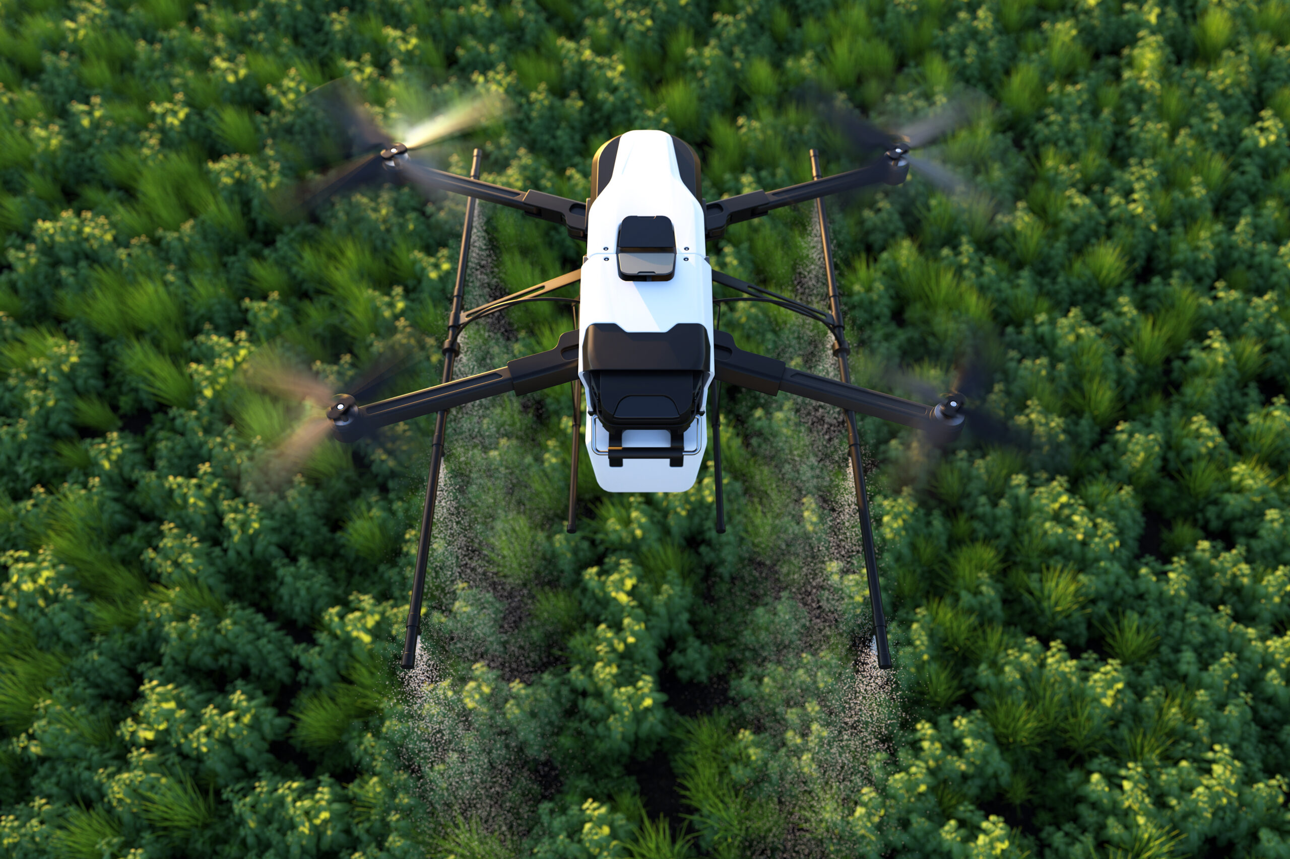 Drone spraying fertilizer on vegetable green plants, Agriculture technology, Farm automation. 3D illustration